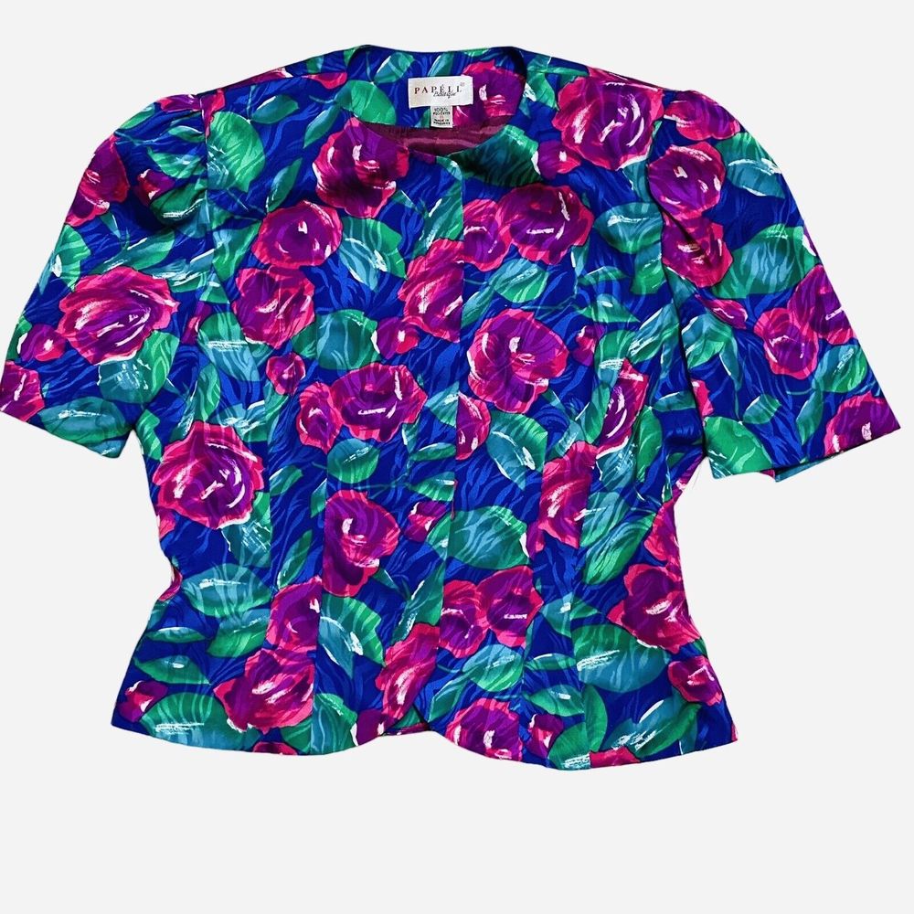 Vintage Papell Boutique Satiny Floral Jacket Blazer Top Shoulder Pads Women’s 8